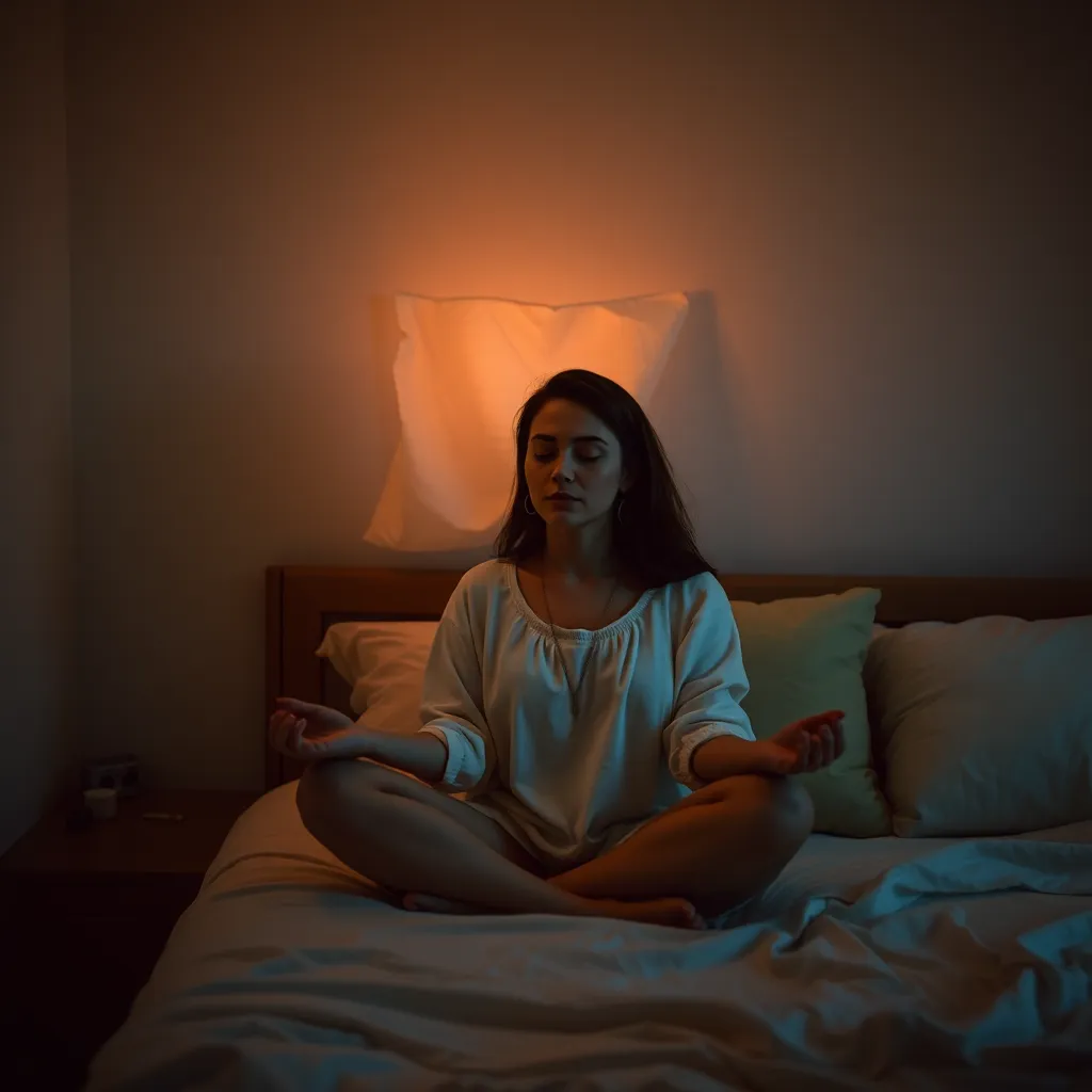 Mujer sentada en cama por la noche – meditación guiada para dormir profundamente y soltar el día