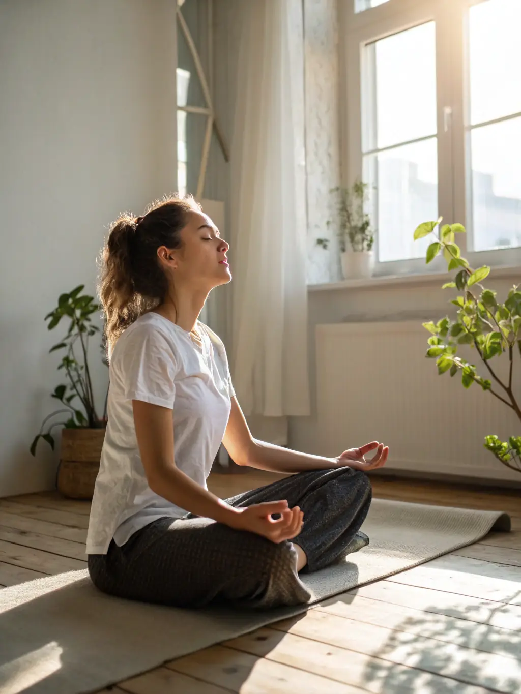 A serene image of a woman meditating in a sunlit room, representing the tranquility and peace offered by SERENA's guided meditations. The image should evoke a sense of calm and relaxation.
