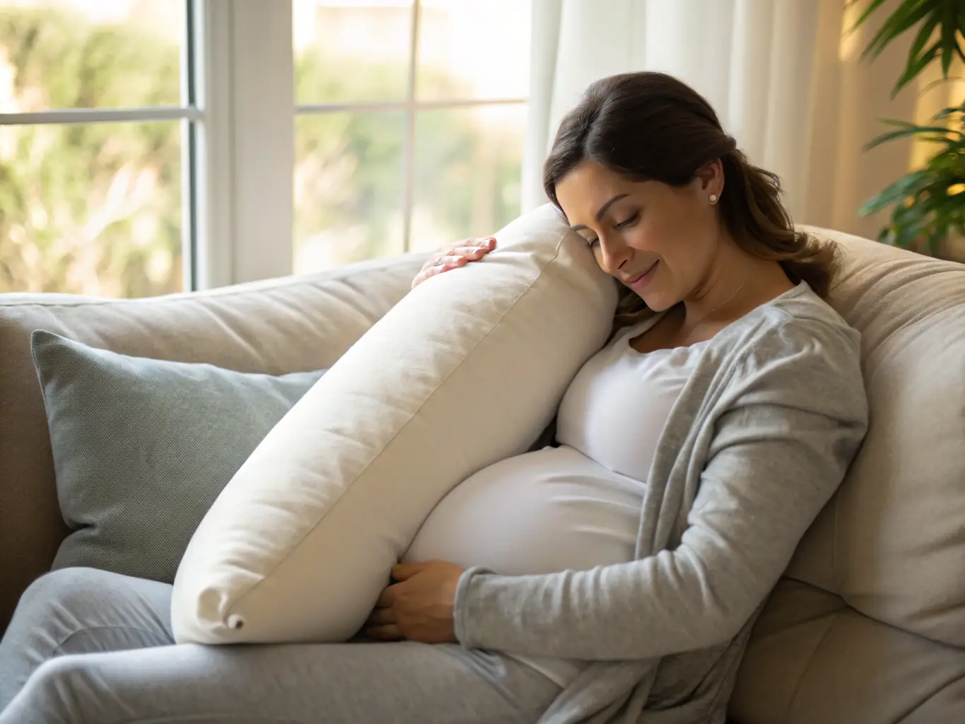 A pregnant woman lying down comfortably, listening to a meditation with headphones on. She is in a dimly lit room with soft, ambient lighting, creating a cozy and relaxing atmosphere. The focus is on her relaxation and well-being.