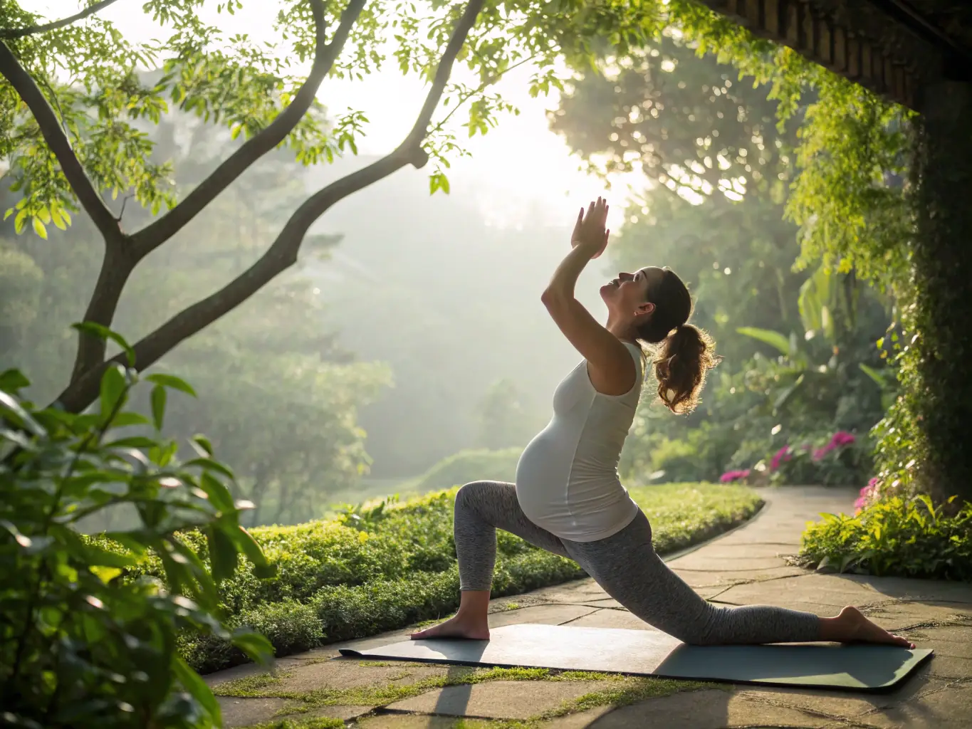 An image showing a pregnant woman in a yoga pose, eyes closed, with a serene expression. She is surrounded by soft, pastel colors and gentle lighting, creating a calming atmosphere. The focus is on her connection with her body and her baby.